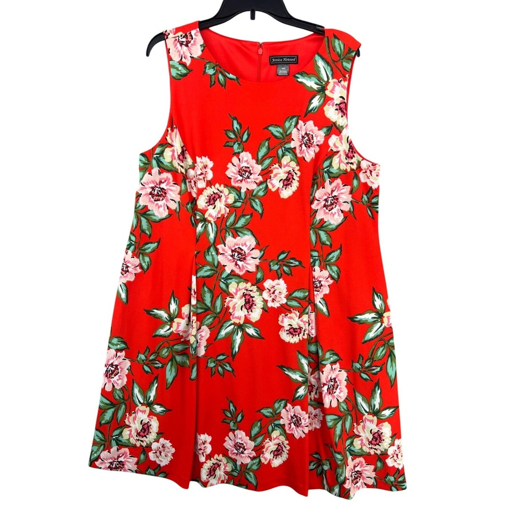Jessica Howard Bright Red Floral Fit & Flare Dress 18W Sleeveless A-Line Stretch